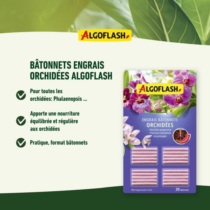 ALGOFLASH Engrais pour orchidées - 20 bâtonnets - Action jusqu'a 3 mois