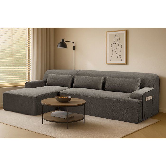 Canapé compressé - 3 places - ALICE - Tissu Gris clair - Rangement - 260 x 165 x 70 cm