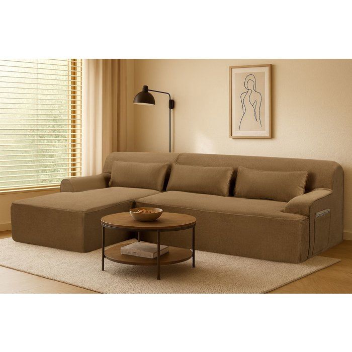 Canapé compressé modulable - 3 places - ALICE - Tissu Camel - Rangement - 260 x 165 x 70 cm
