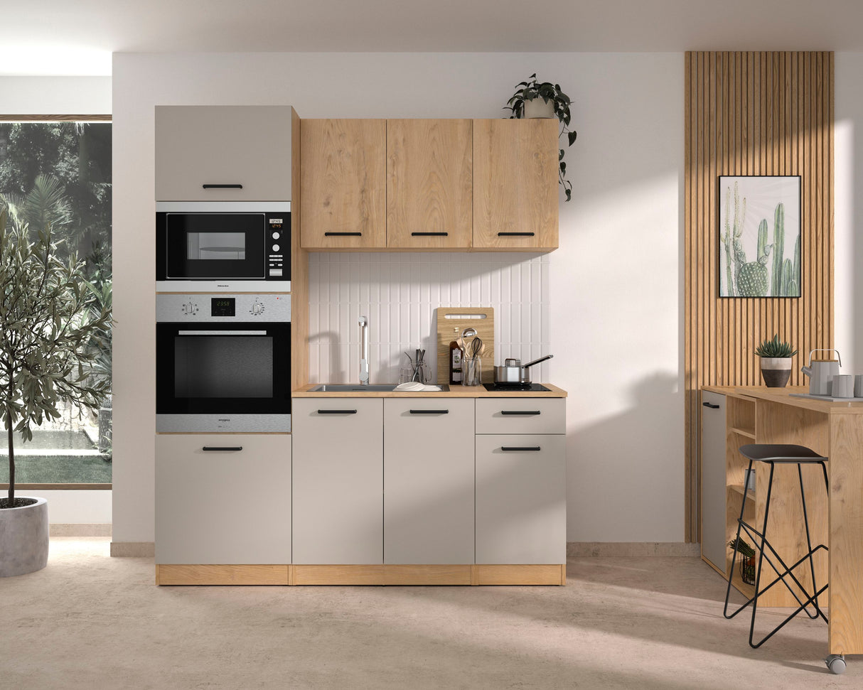 ALPAGA - Cuisine complete - Chene silva / Grege - 180 x 60/31 x 211 cm - Avec colonne four et plan de travail - GAMI