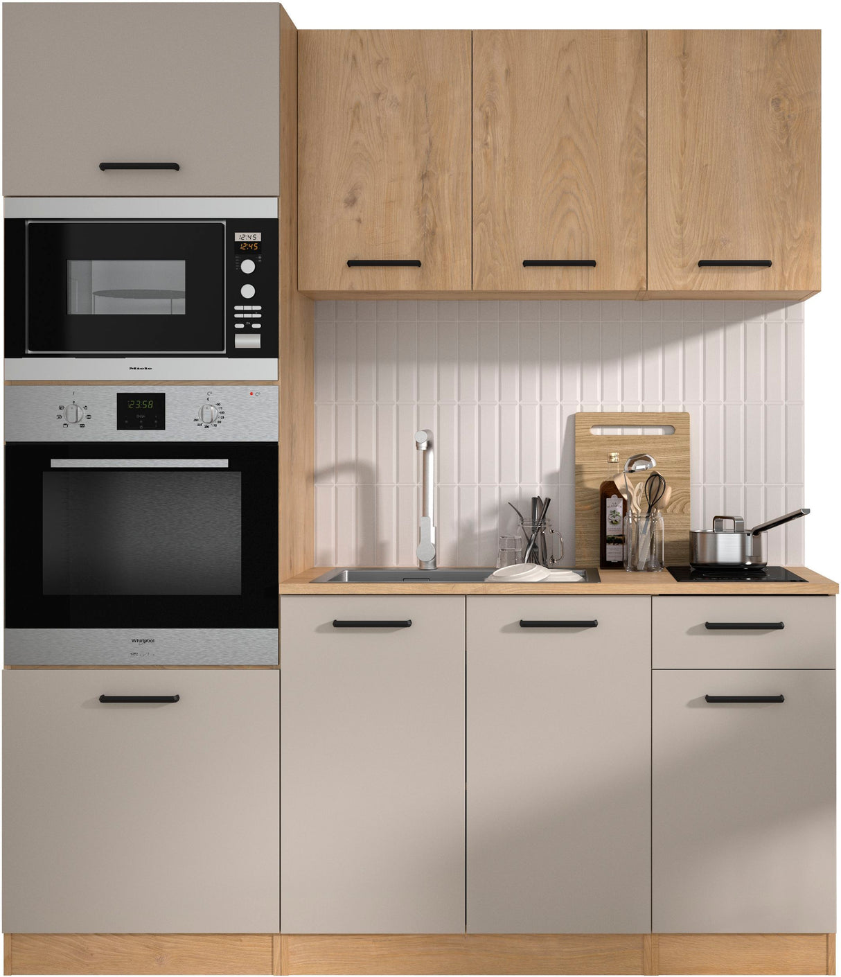 ALPAGA - Cuisine complete - Chene silva / Grege - 180 x 60/31 x 211 cm - Avec colonne four et plan de travail - GAMI