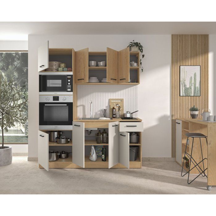 ALPAGA - Cuisine complete - Chene silva / Grege - 180 x 60/31 x 211 cm - Avec colonne four et plan de travail - GAMI