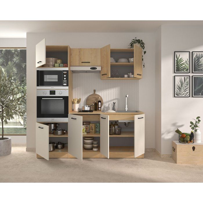 ALPAGA - Cuisine complete - Chene silva / Grege - 200 x 60/31 x 211 cm - Avec colonne four et plan de travail - GAMI
