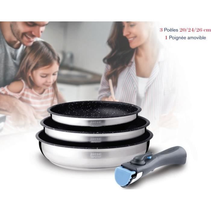 Set de 3 poeles - Arthur Martin - AM2196 - 20-24-26 cm - Acier inoxydable - Poignée amovible - Tous feux dont induction