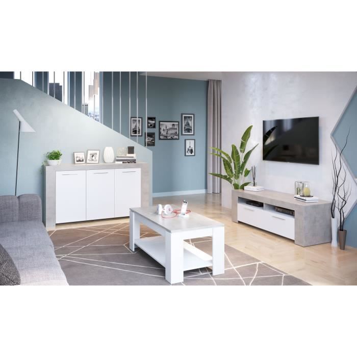 Meuble TV - AMBIT - Effet Béton / Blanc Artik - 2 portes - 2 niches - 120 x 42 x 40 cm
