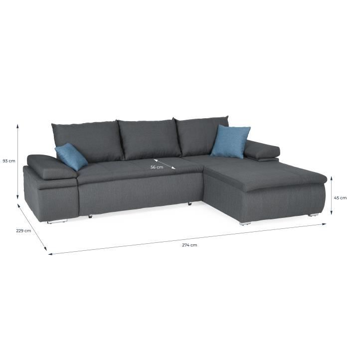 CELINA CanapÈ d'angle rÈversible convertible 3 places + Coffre de rangement - Tissu gris - L 274 x P 184 cm