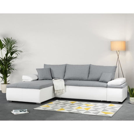 Canapé d'angle réversible convertible 3 places+Coffre - Simili blanc et tissu gris - CELINA - L 274 x P 184 cm - Fabriqué en