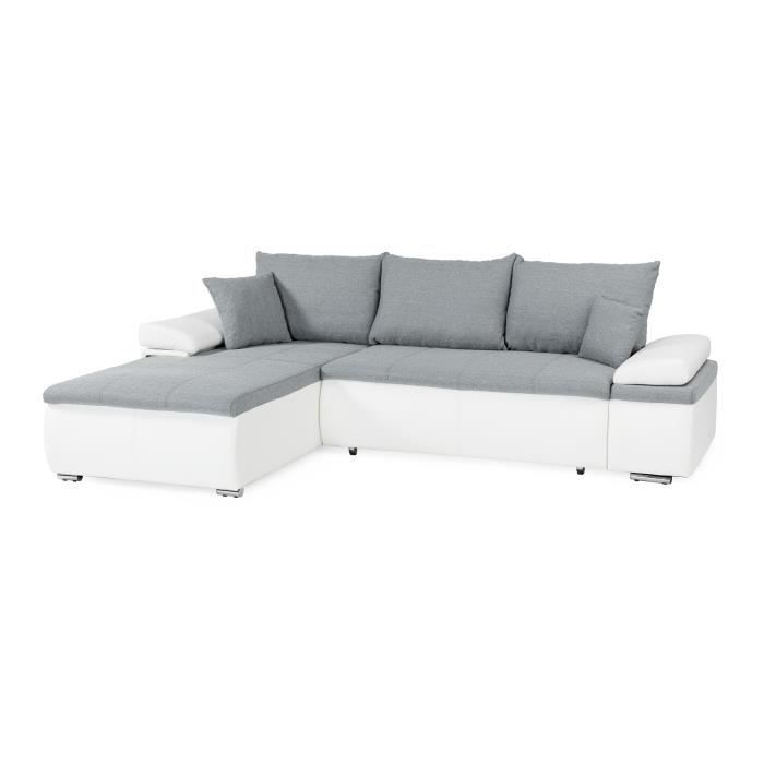 CanapÈ d'angle rÈversible convertible 3 places+Coffre - Simili blanc et tissu gris - CELINA - L 274 x P 184 cm - FabriquÈ en