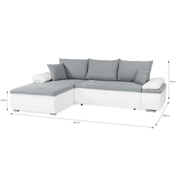 CanapÈ d'angle rÈversible convertible 3 places+Coffre - Simili blanc et tissu gris - CELINA - L 274 x P 184 cm - FabriquÈ en