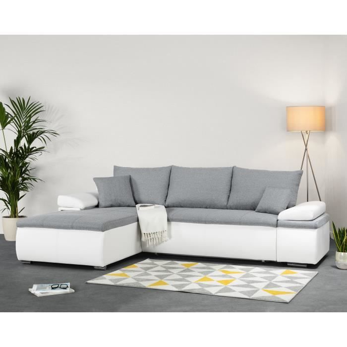 CanapÈ d'angle rÈversible convertible 3 places+Coffre - Simili blanc et tissu gris - CELINA - L 274 x P 184 cm - FabriquÈ en