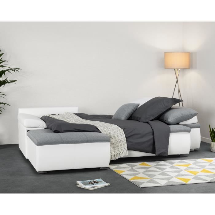 CanapÈ d'angle rÈversible convertible 3 places+Coffre - Simili blanc et tissu gris - CELINA - L 274 x P 184 cm - FabriquÈ en