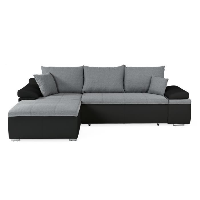 Canapé d'angle réversible convertible 3 places+Coffre - Simili noir et tissu gris - L 274 x P 184 cm - CELINA - Fabriqué en Ukraine