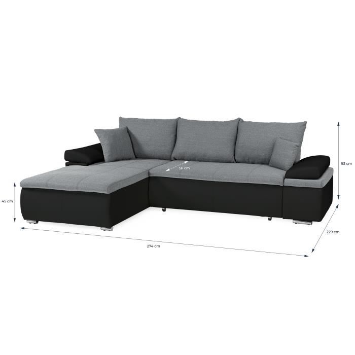 CanapÈ d'angle rÈversible convertible 3 places+Coffre - Simili noir et tissu gris - L 274 x P 184 cm - CELINA - FabriquÈ en Ukraine