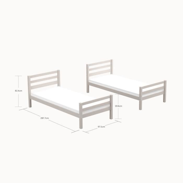 Lits superposés séparables enfant - 2x90x200 cm - Pin massif blanc - Sommiers inclus - ANDO