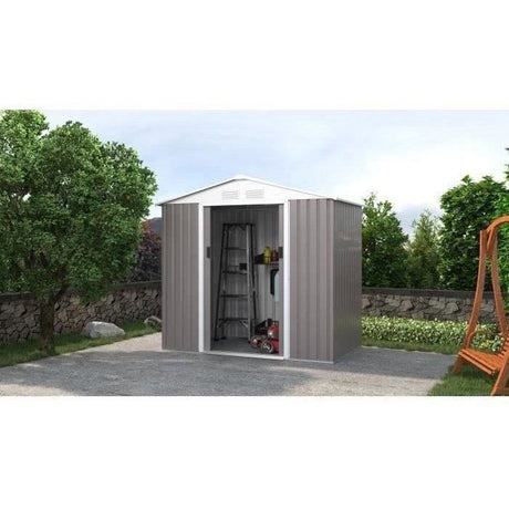 Abri de jardin en métal 2,71 m˛  - 213 x 127 x 195 cm - PLUTON - Kit d'ancrage inclus, 2 portes coulissantes - Taupe