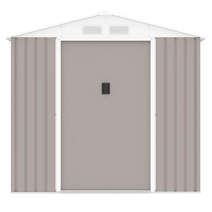 PLUTON Abri de jardin en mÈtal 2,71 m≤  - 213 x 127 x 195 cm - Kit d'ancrage inclus, 2 portes coulissantes - Taupe