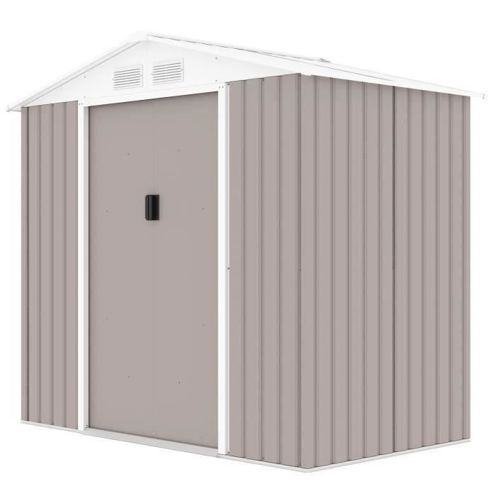 PLUTON Abri de jardin en mÈtal 2,71 m≤  - 213 x 127 x 195 cm - Kit d'ancrage inclus, 2 portes coulissantes - Taupe