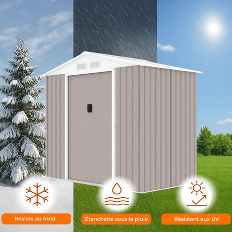 Abri de jardin en métal 2,71 m˛  - 213 x 127 x 195 cm - PLUTON - Kit d'ancrage inclus, 2 portes coulissantes - Taupe