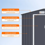 Abri de jardin en métal 2,71 m˛  - 213 x 127 x 195 cm - PLUTON - Kit d'ancrage inclus, 2 portes coulissantes - Gris