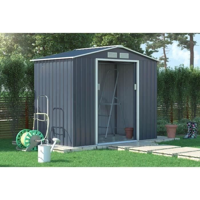 Abri de jardin en métal 2,71 m²  - 213 x 127 x 195 cm - PLUTON - Kit d'ancrage inclus, 2 portes coulissantes - Gris