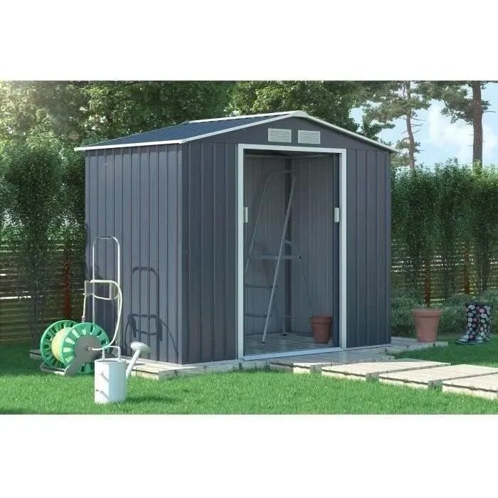Abri de jardin en métal 2,71 m˛  - 213 x 127 x 195 cm - PLUTON - Kit d'ancrage inclus, 2 portes coulissantes - Gris
