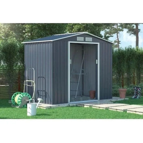 Abri de jardin en métal 2,71 m˛  - 213 x 127 x 195 cm - PLUTON - Kit d'ancrage inclus, 2 portes coulissantes - Gris