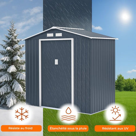 Abri de jardin en métal 2,71 m˛  - 213 x 127 x 195 cm - PLUTON - Kit d'ancrage inclus, 2 portes coulissantes - Gris