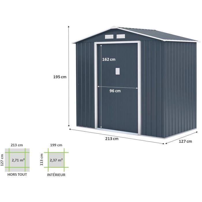 PLUTON Abri de jardin en mÈtal 2,71 m≤  - 213 x 127 x 195 cm - Kit d'ancrage inclus, 2 portes coulissantes - Gris