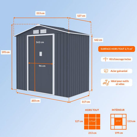 Abri de jardin en métal 2,71 m˛  - 213 x 127 x 195 cm - PLUTON - Kit d'ancrage inclus, 2 portes coulissantes - Gris