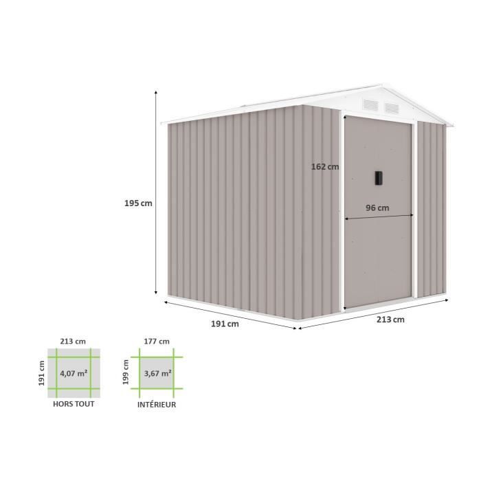 Abri de jardin en mÈtal 4,07 m≤ - 213 x 191 x 195 cm - MARS - Kit d'ancrage inclus, 2 portes coulissantes - Taupe