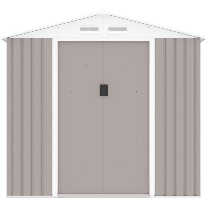 Abri de jardin en métal 4,07 m² - 213 x 191 x 195 cm - MARS -Kit d'ancrage inclus, 2 portes coulissantes - Taupe