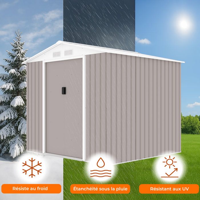 Abri de jardin en métal 4,07 m˛ - 213 x 191 x 195 cm - MARS -Kit d'ancrage inclus, 2 portes coulissantes - Taupe