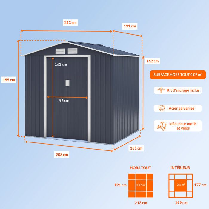 Abri de jardin en métal 4,07 m˛ - 213 x 191 x 195 cm - MARS -Kit d'ancrage inclus, 2 portes coulissantes - Gris