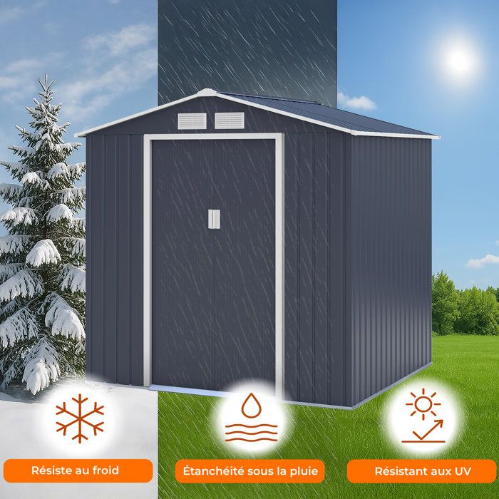 Abri de jardin en métal 4,07 m˛ - 213 x 191 x 195 cm - MARS -Kit d'ancrage inclus, 2 portes coulissantes - Gris
