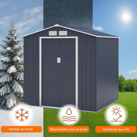 Abri de jardin en métal 4,07 m˛ - 213 x 191 x 195 cm - MARS -Kit d'ancrage inclus, 2 portes coulissantes - Gris