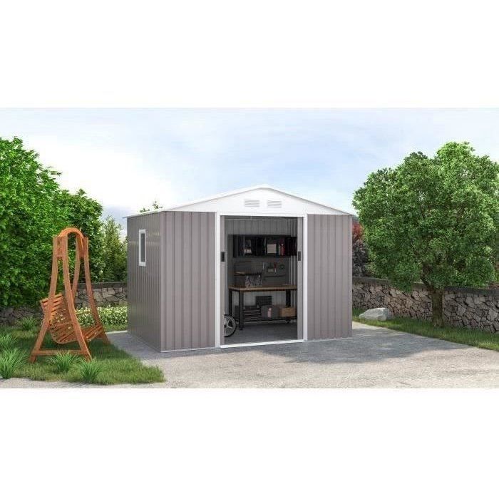 Abri de jardin en métal 	5,29 m˛ - 277 x 191 x 202 cm - VENUS Kit d'ancrage inclus, 2 portes coulissantes, 1 fenetre latérale Taupe