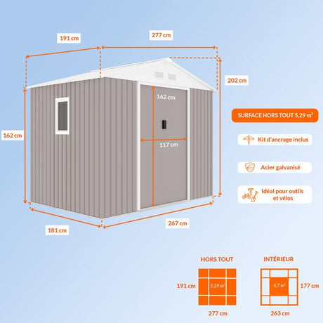 Abri de jardin en métal 	5,29 m˛ - 277 x 191 x 202 cm - VENUS Kit d'ancrage inclus, 2 portes coulissantes, 1 fenetre latérale Taupe