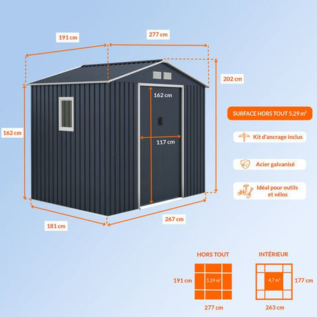 Abri de jardin en métal 	5,29 m˛ - 277 x 191 x 202 cm - VENUS Kit d'ancrage inclus, 2 portes coulissantes, 1 fenetre latérale Gris