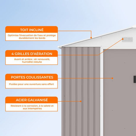 Abri de jardin en métal 7,06 m˛ - 277 x 255 x 202 cm - MERCURE - Kit d'ancrage inclus, 2 portes coulissantes - Taupe