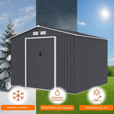 Abri de jardin en métal 7,06 m˛ - 277 x 255 x 202 cm - MERCURE - Kit d'ancrage inclus, 2 portes coulissantes - Gris