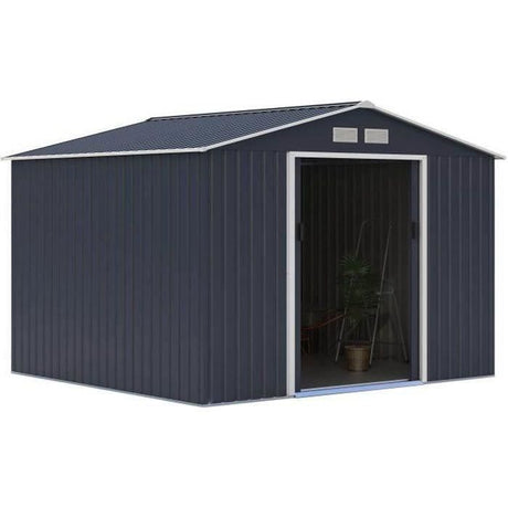 Abri de jardin en métal 7,06 m˛ - 277 x 255 x 202 cm - MERCURE - Kit d'ancrage inclus, 2 portes coulissantes - Gris