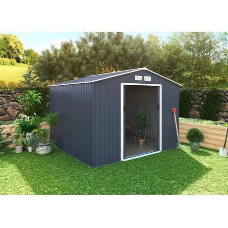 Abri de jardin en métal 7,06 m˛ - 277 x 255 x 202 cm - MERCURE - Kit d'ancrage inclus, 2 portes coulissantes - Gris