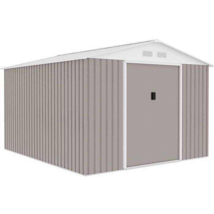 Abri de jardin en métal 8,84 m˛ - 277 x 319 x 202 cm - URANUS - Kit d'ancrage inclus, 2 portes coulissantes - Taupe