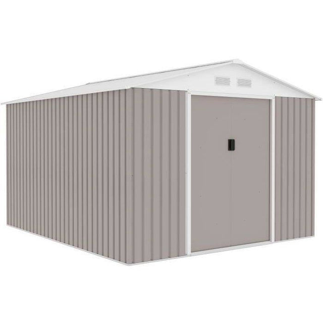 Abri de jardin en métal 8,84 m˛ - 277 x 319 x 202 cm - URANUS - Kit d'ancrage inclus, 2 portes coulissantes - Taupe