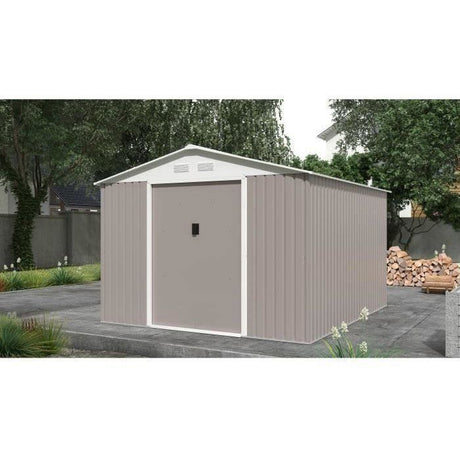 Abri de jardin en métal 8,84 m˛ - 277 x 319 x 202 cm - URANUS - Kit d'ancrage inclus, 2 portes coulissantes - Taupe