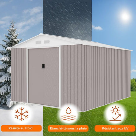 Abri de jardin en métal 8,84 m˛ - 277 x 319 x 202 cm - URANUS - Kit d'ancrage inclus, 2 portes coulissantes - Taupe