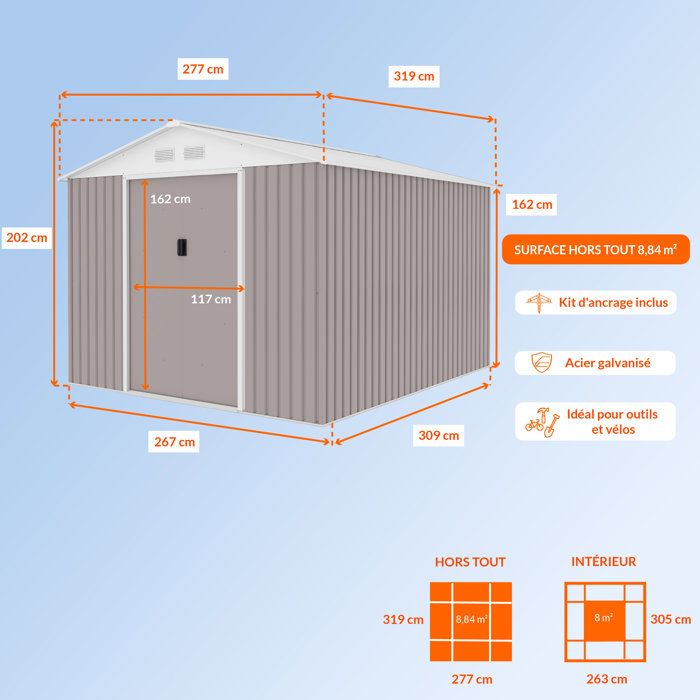 Abri de jardin en métal 8,84 m˛ - 277 x 319 x 202 cm - URANUS - Kit d'ancrage inclus, 2 portes coulissantes - Taupe