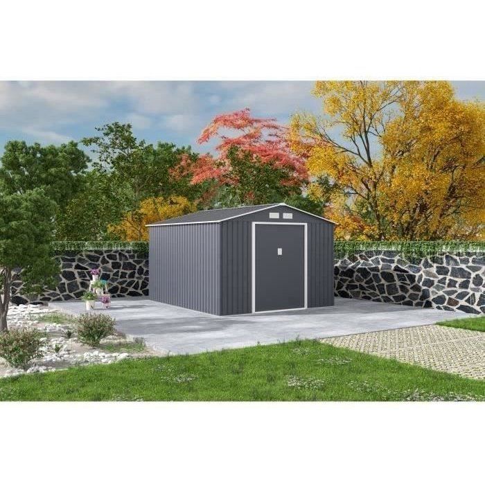 Abri de jardin en métal 8,84 m˛ - 277 x 319 x 202 cm - URANUS - Kit d'ancrage inclus, 2 portes coulissantes - Gris