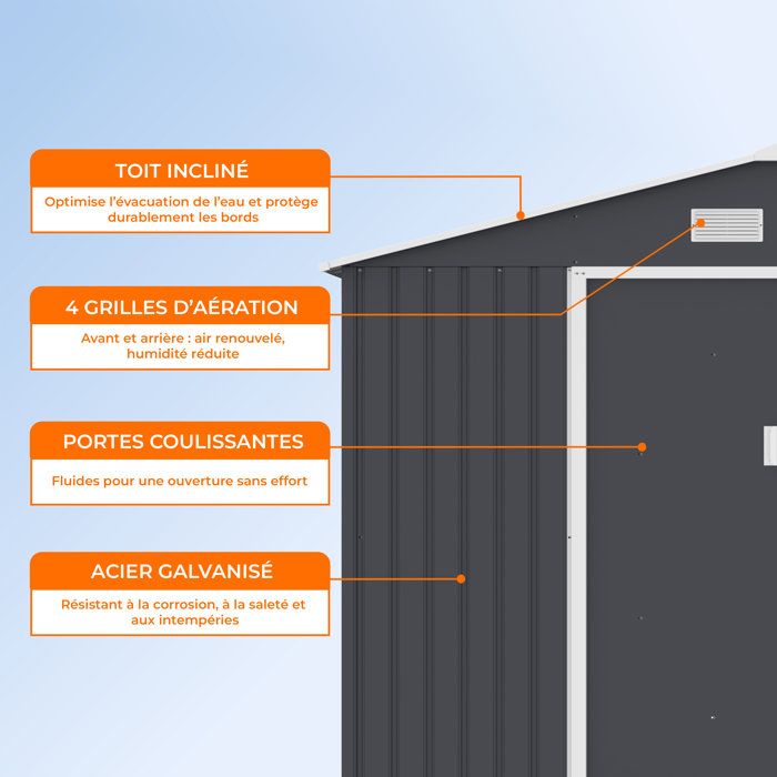 Abri de jardin en métal 8,84 m˛ - 277 x 319 x 202 cm - URANUS - Kit d'ancrage inclus, 2 portes coulissantes - Gris