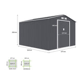 Abri de jardin en métal 8,84 m² - 277 x 319 x 202 cm - URANUS - Kit d'ancrage inclus, 2 portes coulissantes - Gris